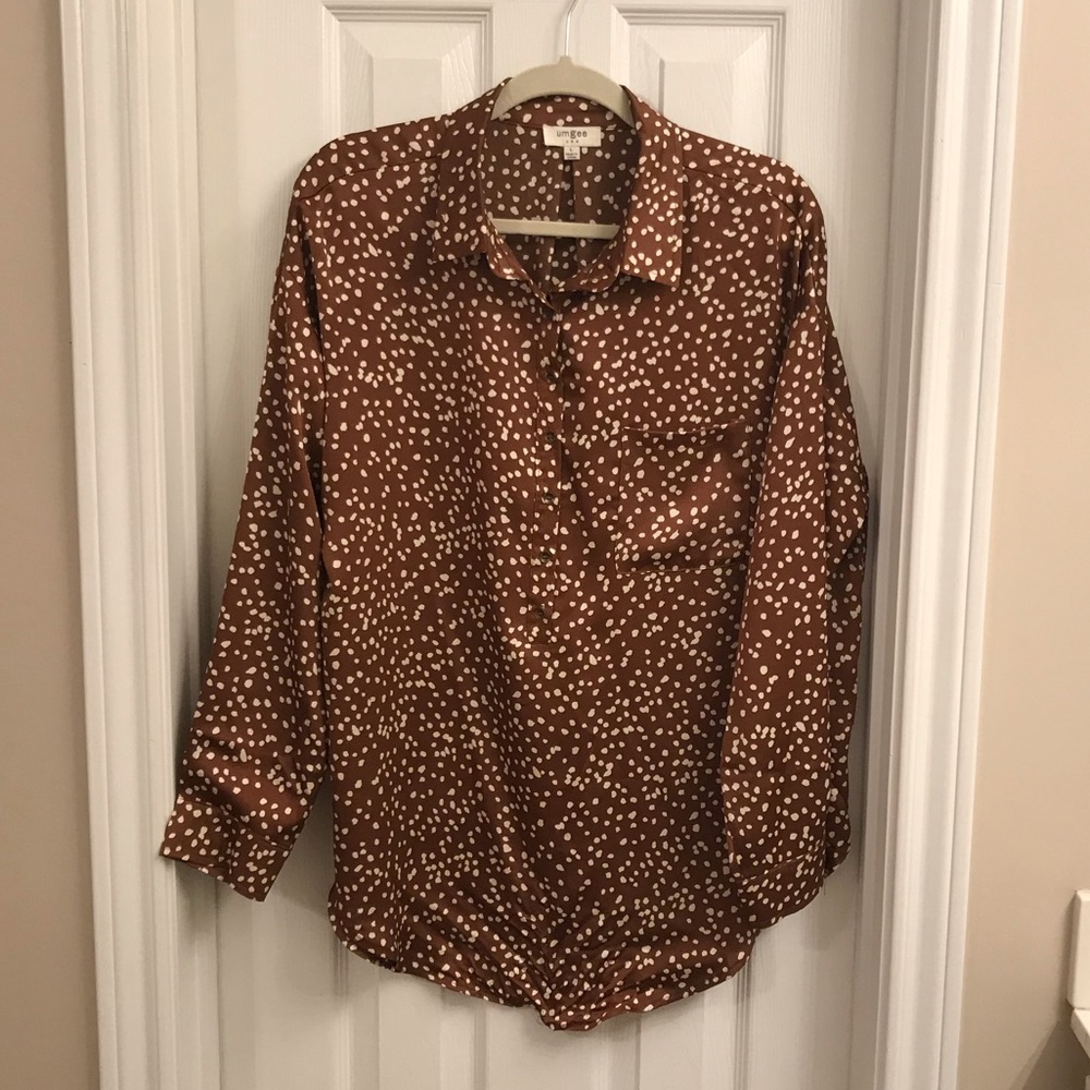 Umgee Brown & White Polka Dot Blouse